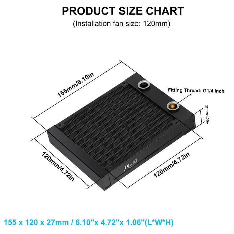 DIYhz Water Cooling Computer Radiator, 12 Pipe Aluminum Heat Exchanger Liquid Cooling Radiator G1/4 Thread Heat Row Sink 120mm for CPU PC Laser Water Cool System DC12V Black - Image 2